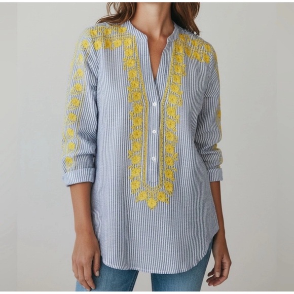 J. Crew Tops - J.Crew Embroidered Blue White Striped 100% Linen Tunic Kaftan Blouse Top Small